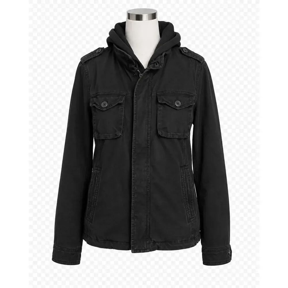 American Eagle Men's Hooded Cargo Utility Jacket - Black - Size M